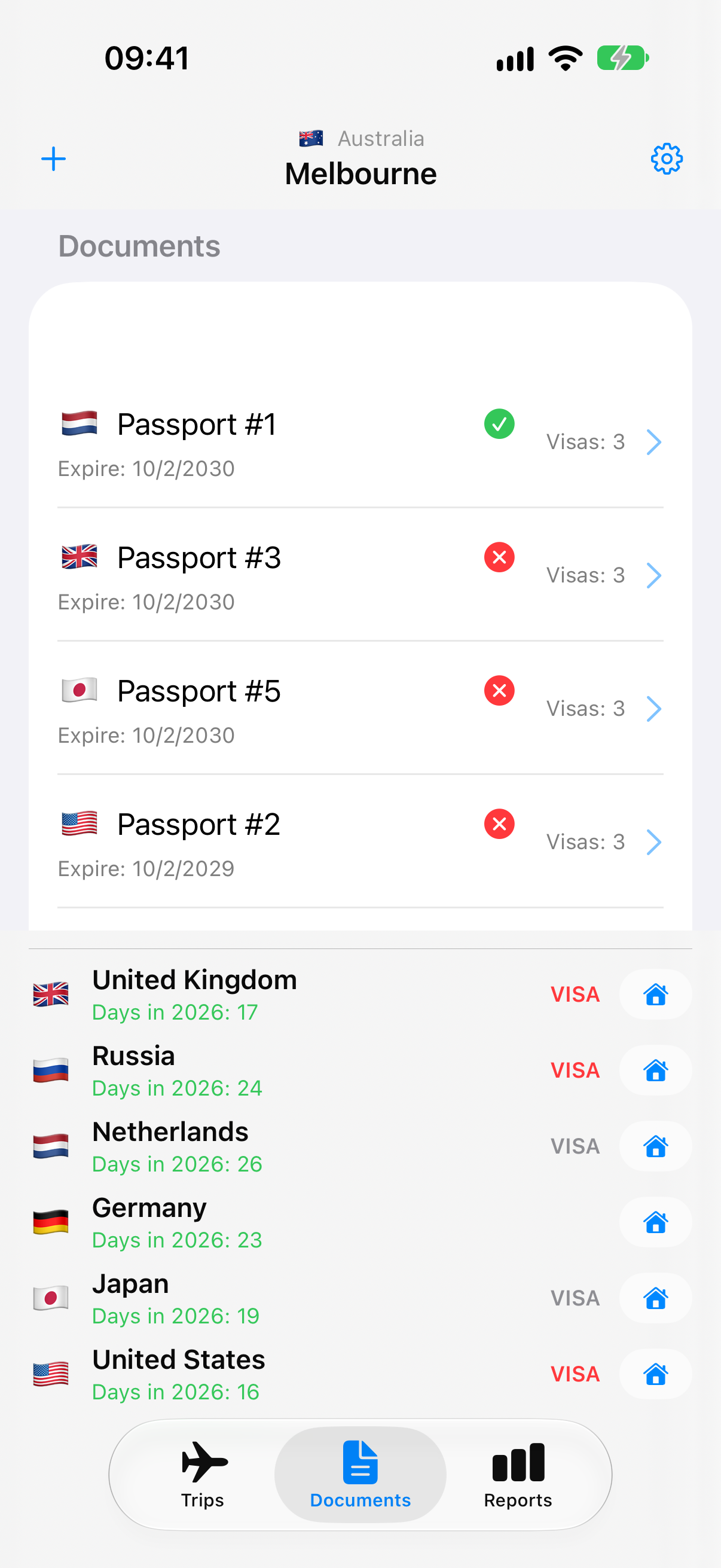 TravelTracker Documents screen with synthetic passport and visa context.