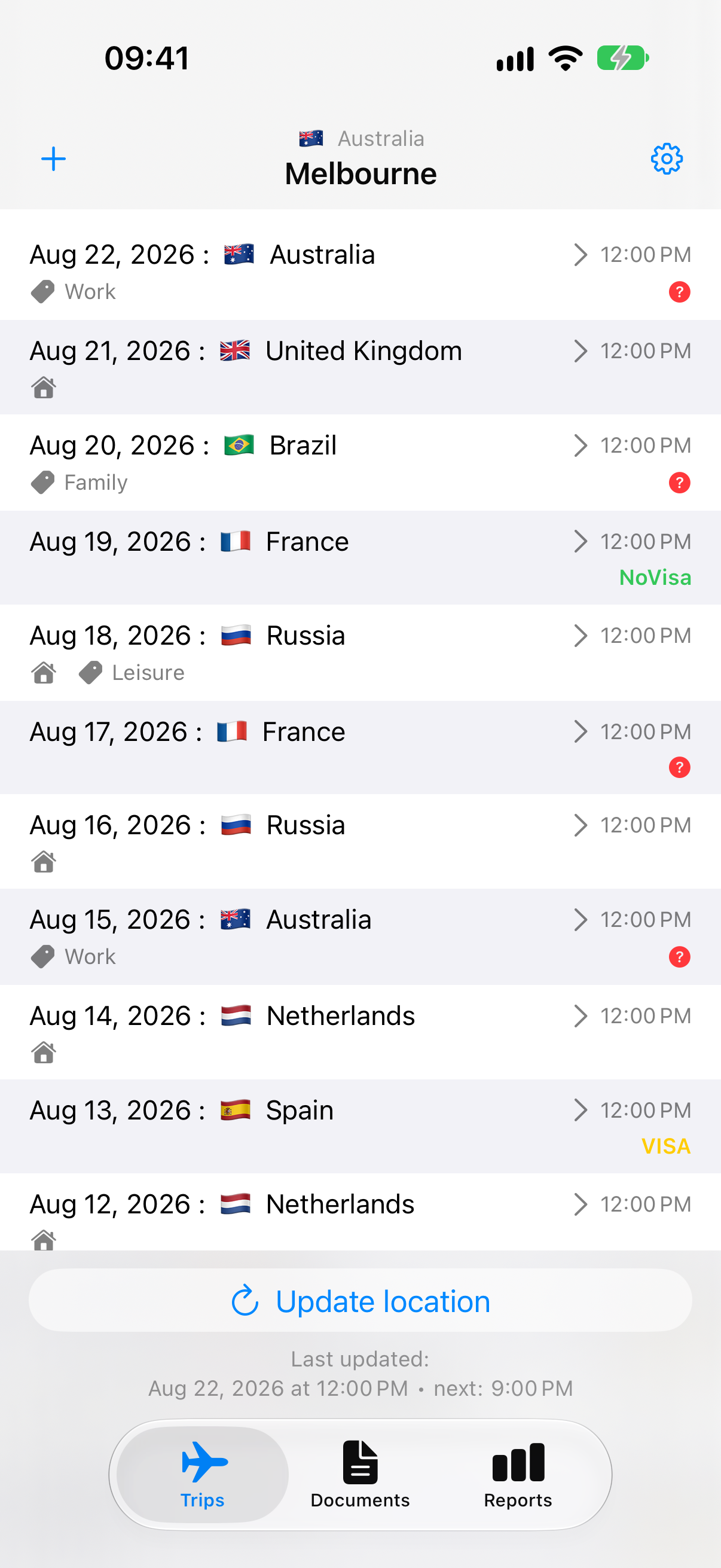 TravelTracker Trips screen showing synthetic travel-history entries.
